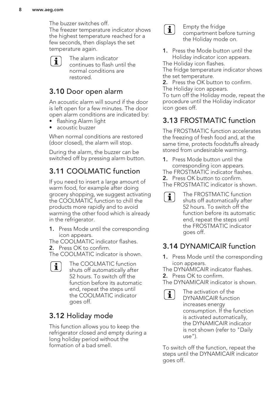 10 door open alarm, 11 coolmatic function, 12 holiday mode | 13 frostmatic function, 14 dynamicair function | AEG SCS51800S1 User Manual | Page 8 / 72