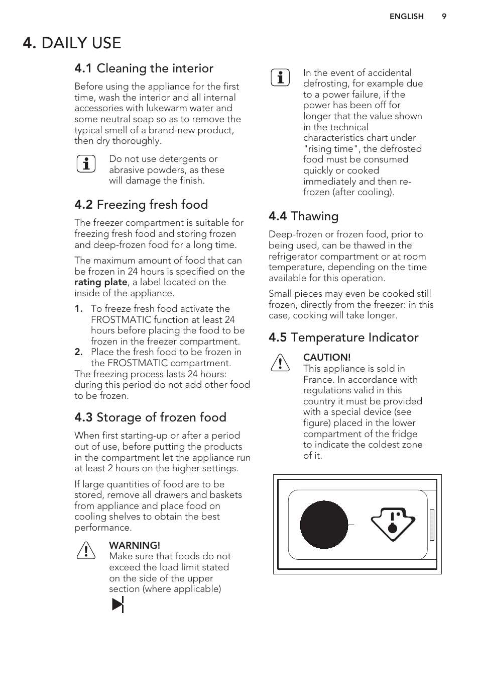 Daily use, 1 cleaning the interior, 2 freezing fresh food | 3 storage of frozen food, 4 thawing, 5 temperature indicator | AEG SCS51800S1 User Manual | Page 9 / 72