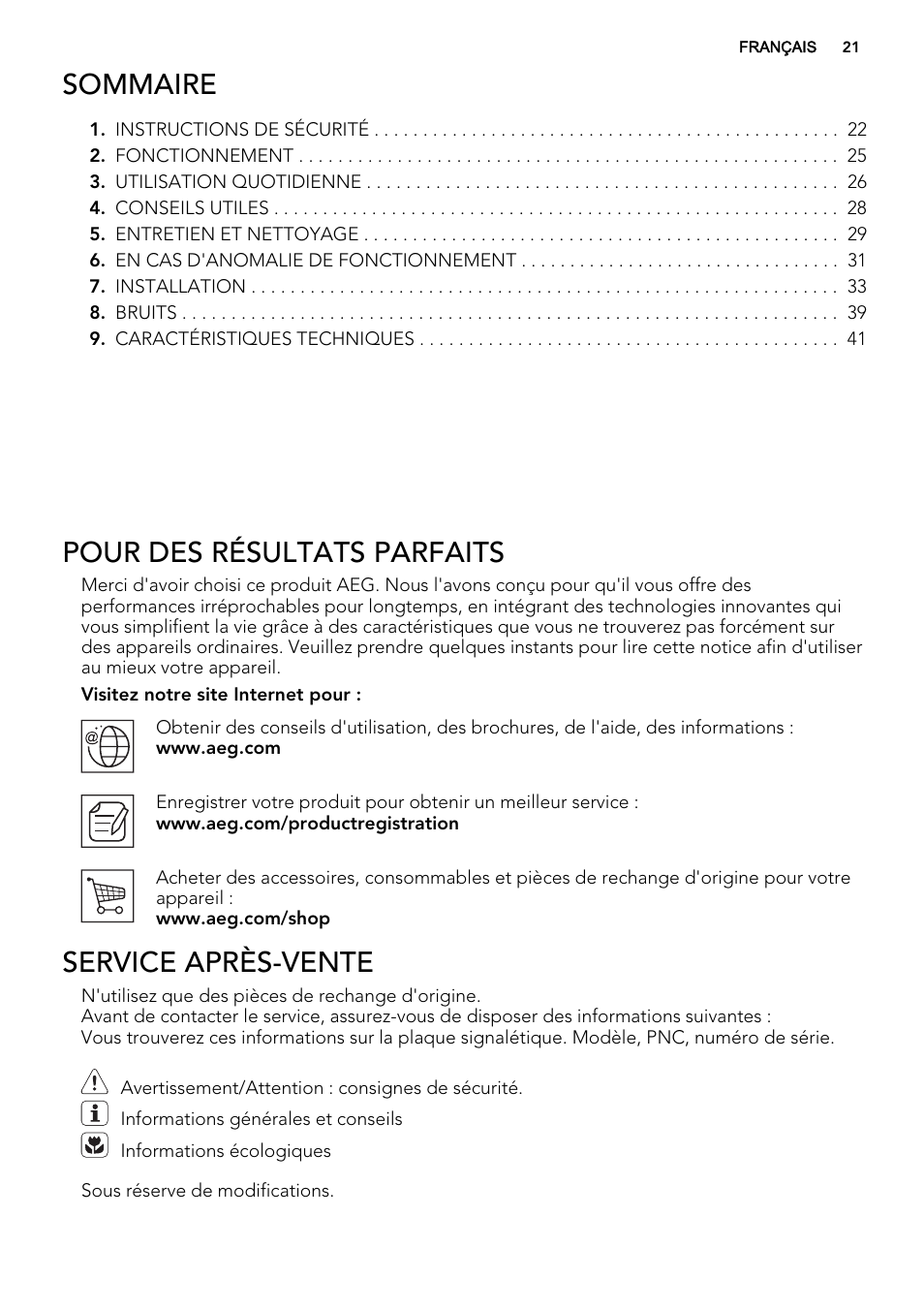 Sommaire, Pour des résultats parfaits, Service après-vente | AEG SCN91800C1 User Manual | Page 21 / 84