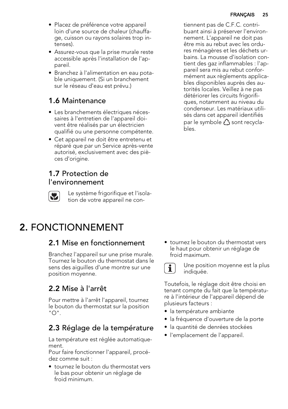 Fonctionnement, 6 maintenance, 7 protection de l'environnement | 1 mise en fonctionnement, 2 mise à l'arrêt, 3 réglage de la température | AEG SCN91800C1 User Manual | Page 25 / 84