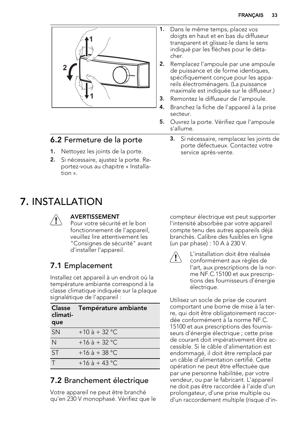 Installation, 2 fermeture de la porte, 1 emplacement | 2 branchement électrique | AEG SCN91800C1 User Manual | Page 33 / 84