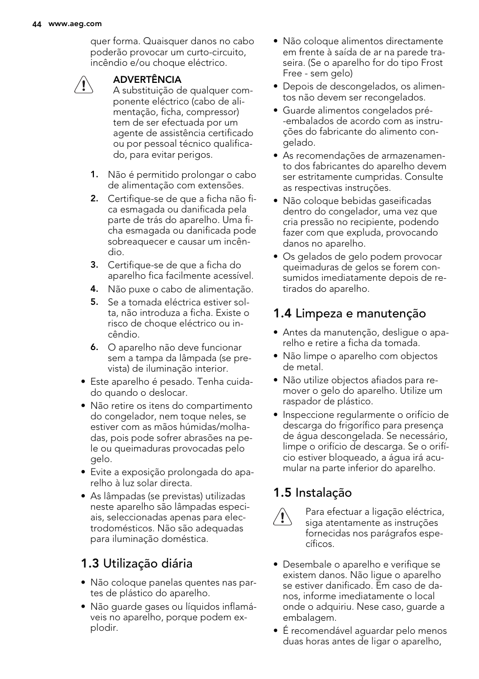 3 utilização diária, 4 limpeza e manutenção, 5 instalação | AEG SCN91800C1 User Manual | Page 44 / 84