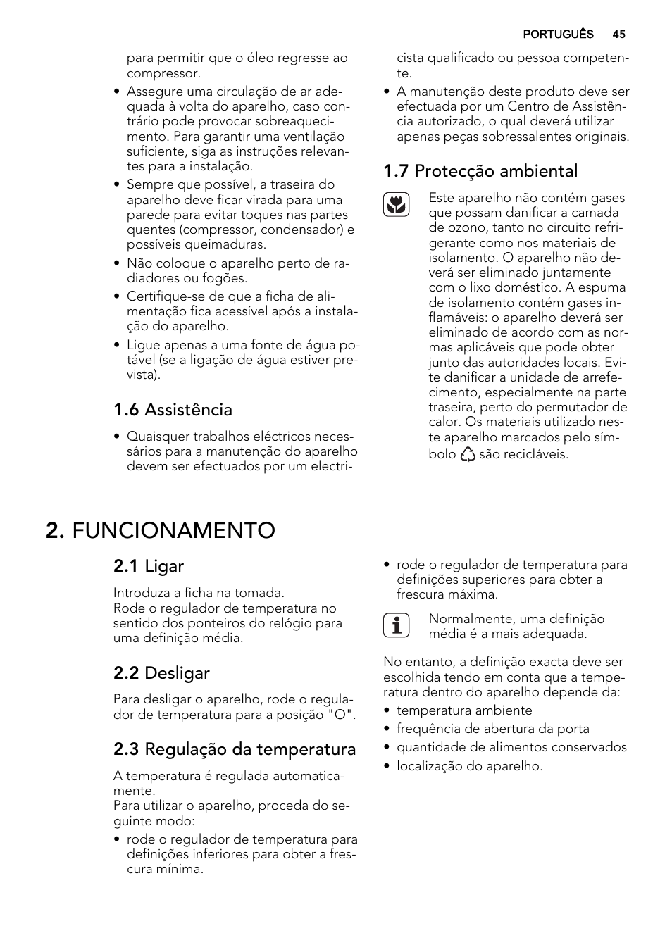 Funcionamento, 6 assistência, 7 protecção ambiental | 1 ligar, 2 desligar, 3 regulação da temperatura | AEG SCN91800C1 User Manual | Page 45 / 84