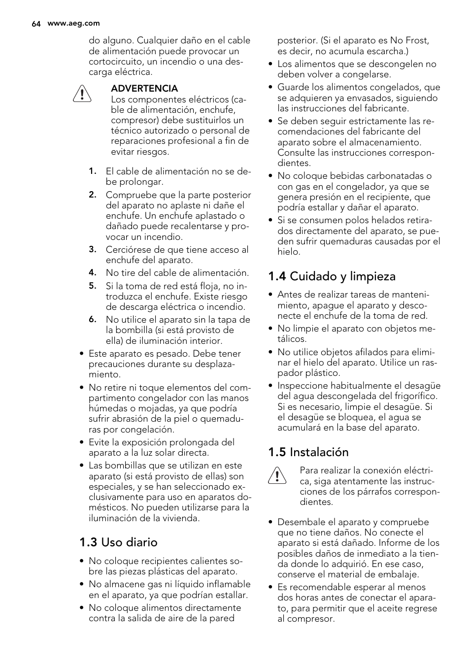 3 uso diario, 4 cuidado y limpieza, 5 instalación | AEG SCN91800C1 User Manual | Page 64 / 84