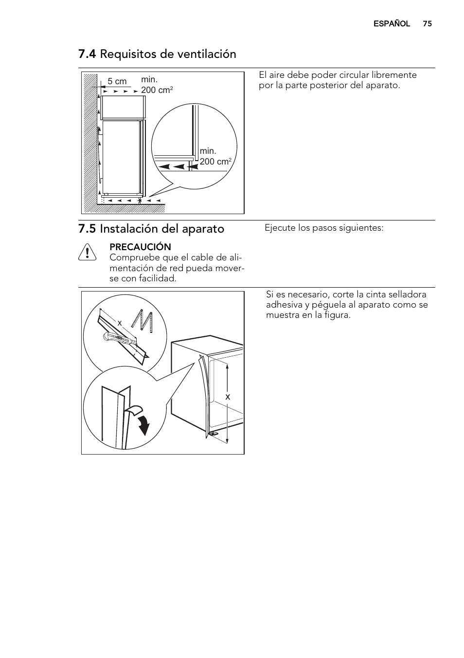 4 requisitos de ventilación, 5 instalación del aparato | AEG SCN91800C1 User Manual | Page 75 / 84