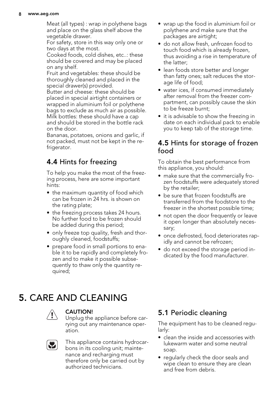 Care and cleaning, 4 hints for freezing, 5 hints for storage of frozen food | 1 periodic cleaning | AEG SCN91800C1 User Manual | Page 8 / 84