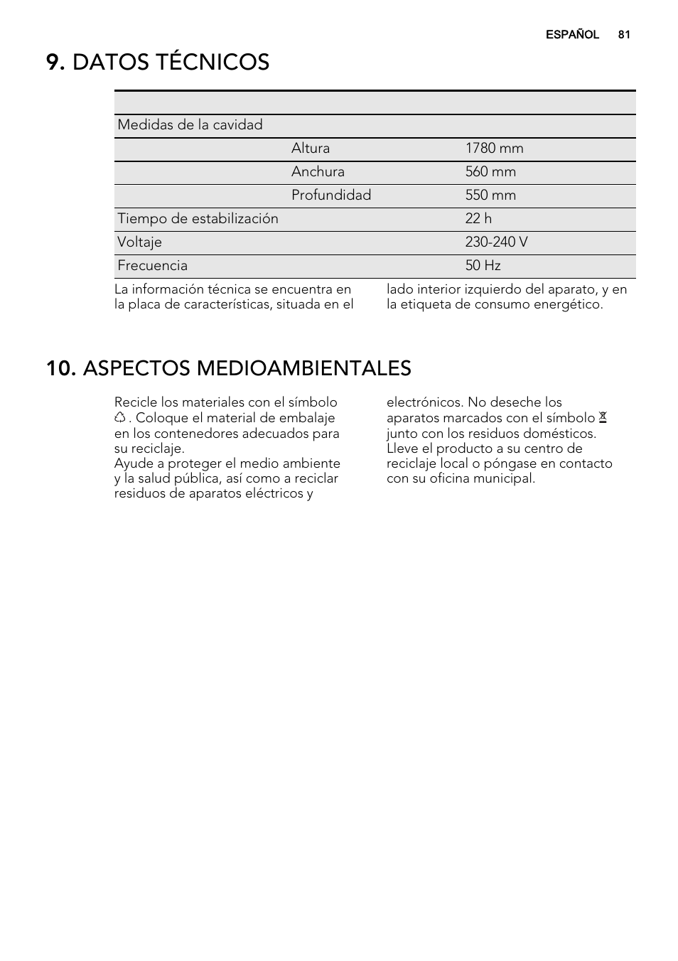 Datos técnicos, Aspectos medioambientales | AEG SCN91800C1 User Manual | Page 81 / 84