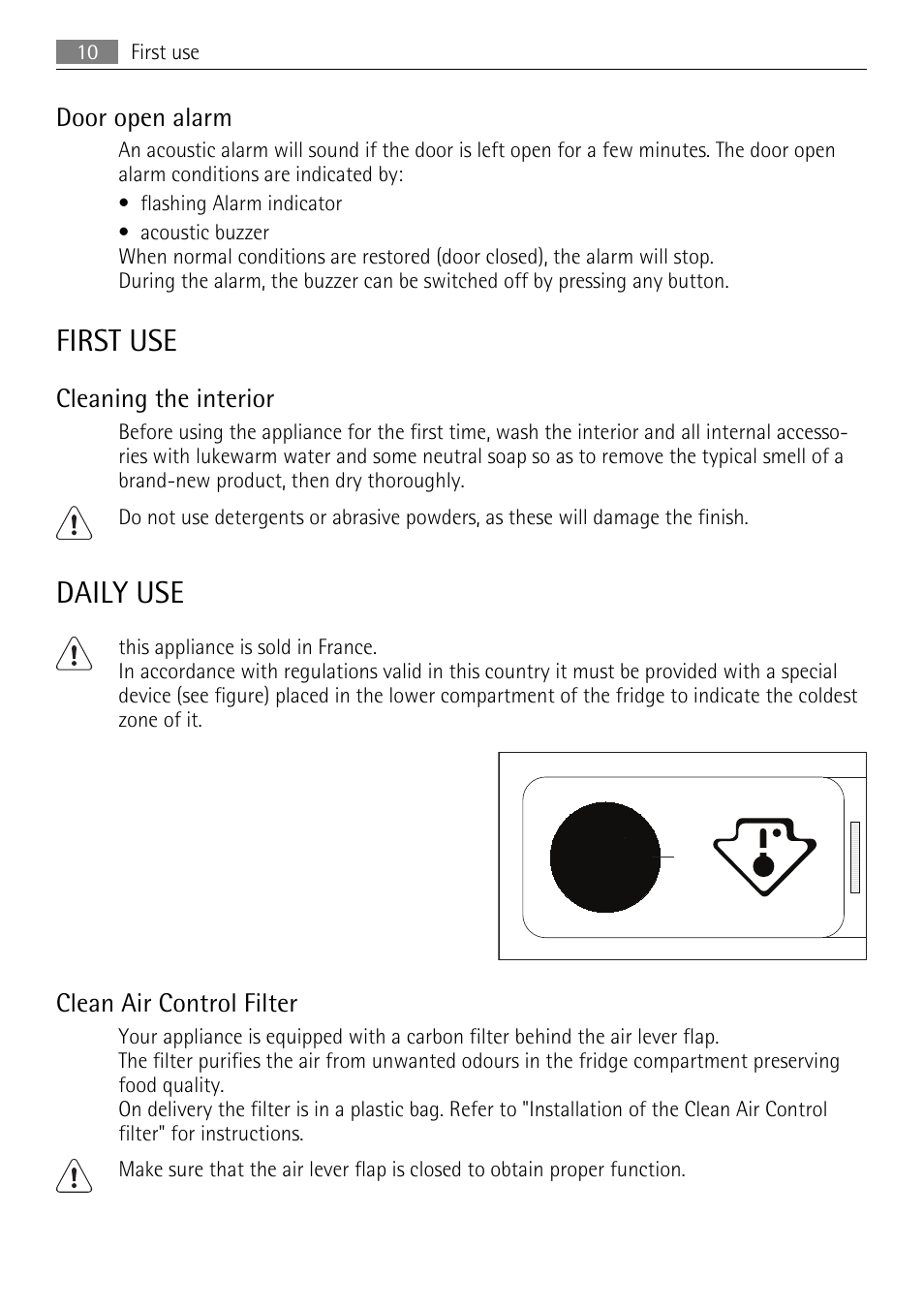 First use, Daily use, Door open alarm | Cleaning the interior, Clean air control filter | AEG S84000KMX0 User Manual | Page 10 / 88