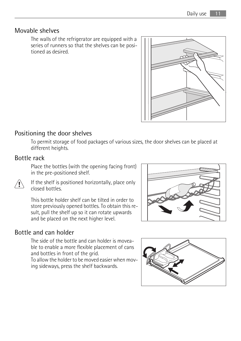 Movable shelves, Positioning the door shelves, Bottle rack | Bottle and can holder | AEG S84000KMX0 User Manual | Page 11 / 88