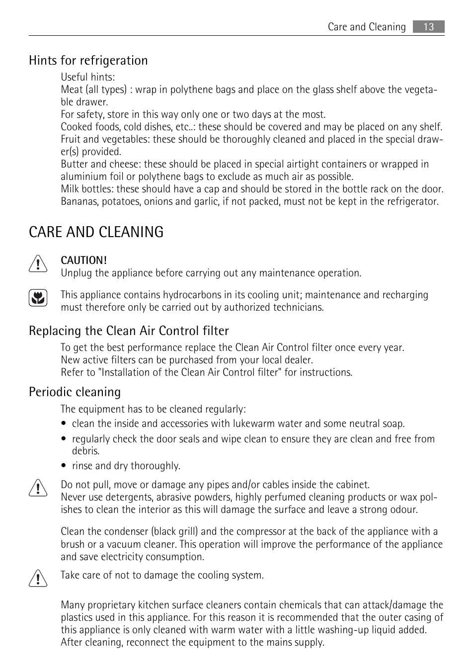 Care and cleaning, Hints for refrigeration, Replacing the clean air control filter | Periodic cleaning | AEG S84000KMX0 User Manual | Page 13 / 88