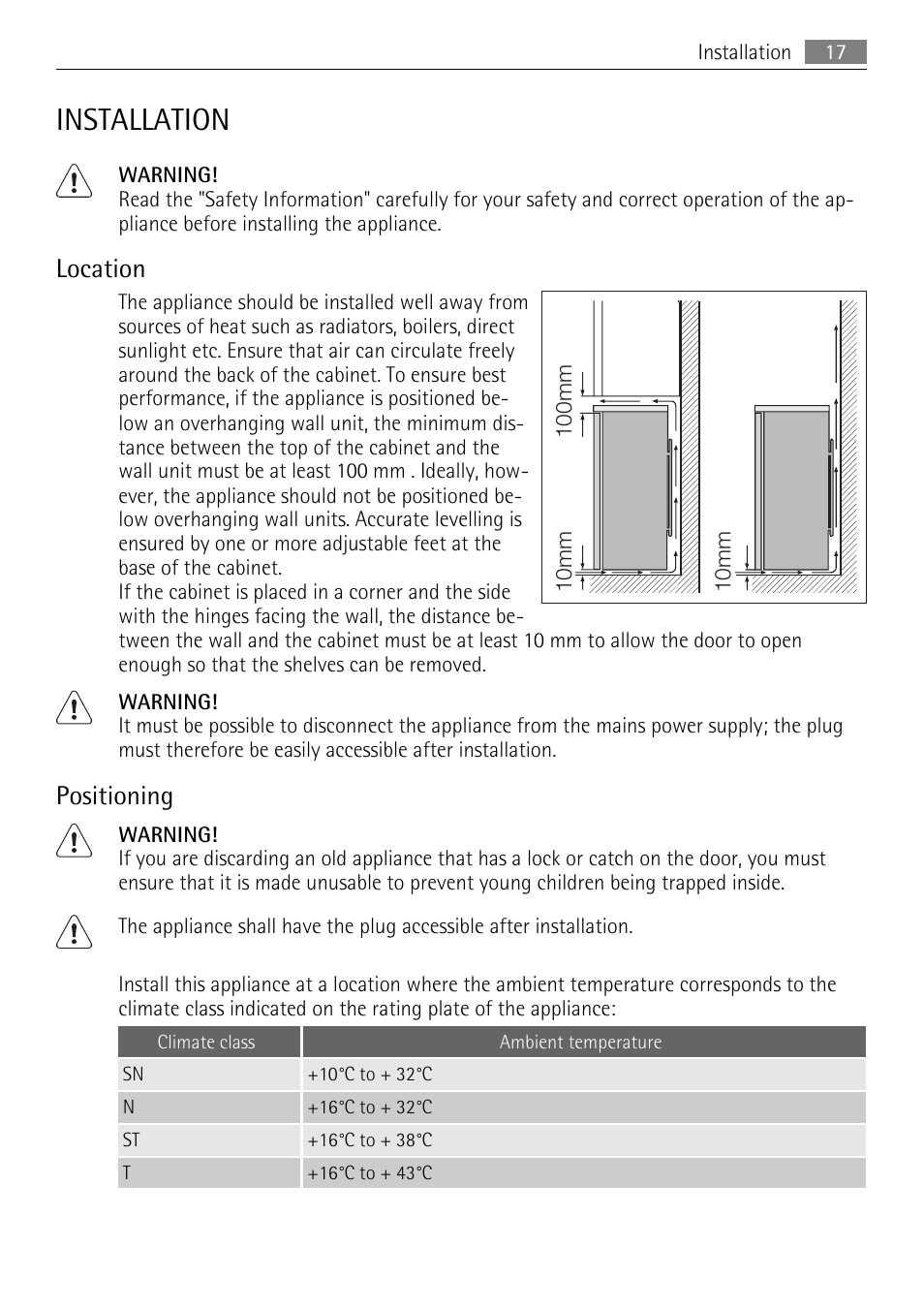 Installation, Location, Positioning | AEG S84000KMX0 User Manual | Page 17 / 88