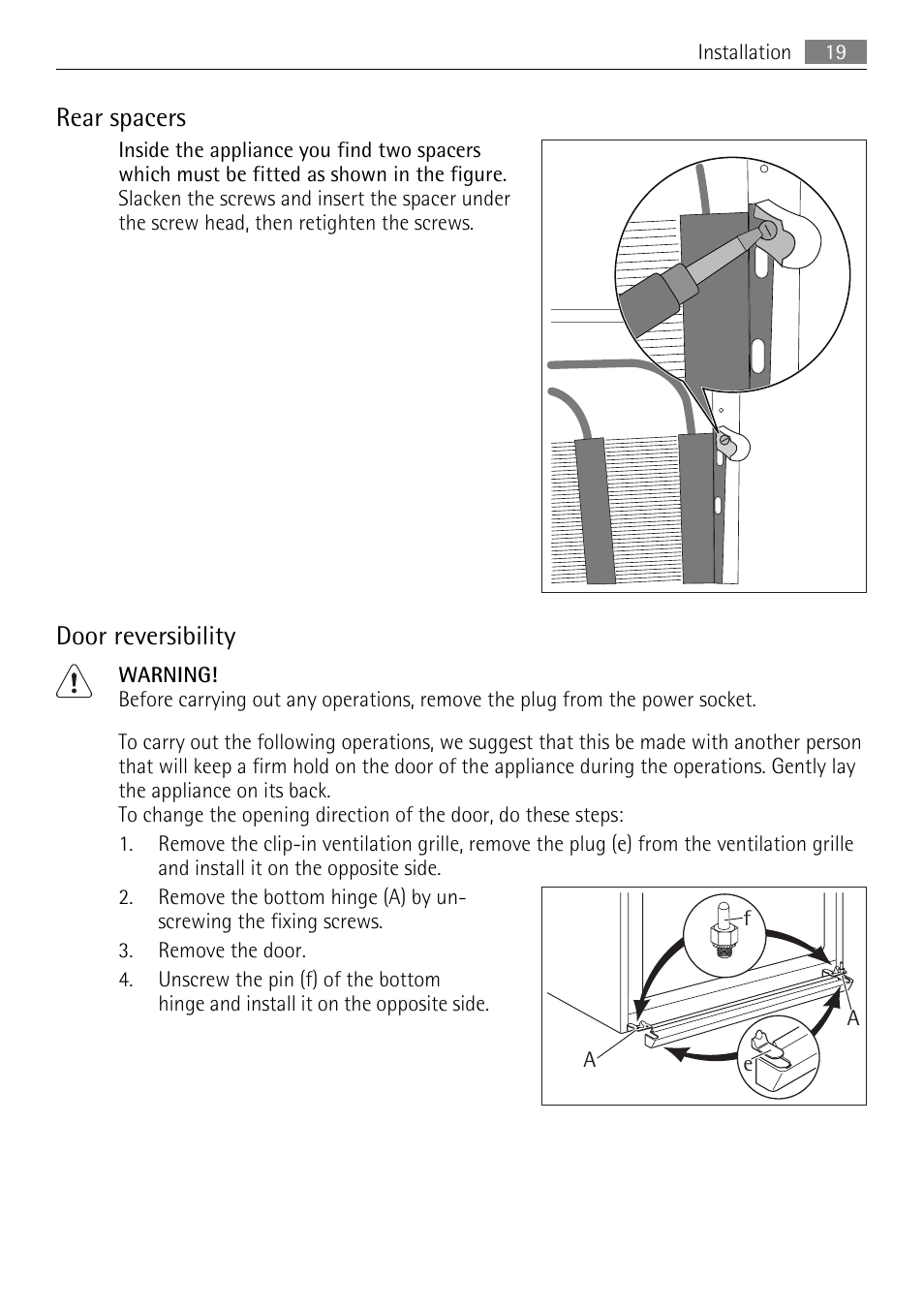 Rear spacers, Door reversibility | AEG S84000KMX0 User Manual | Page 19 / 88