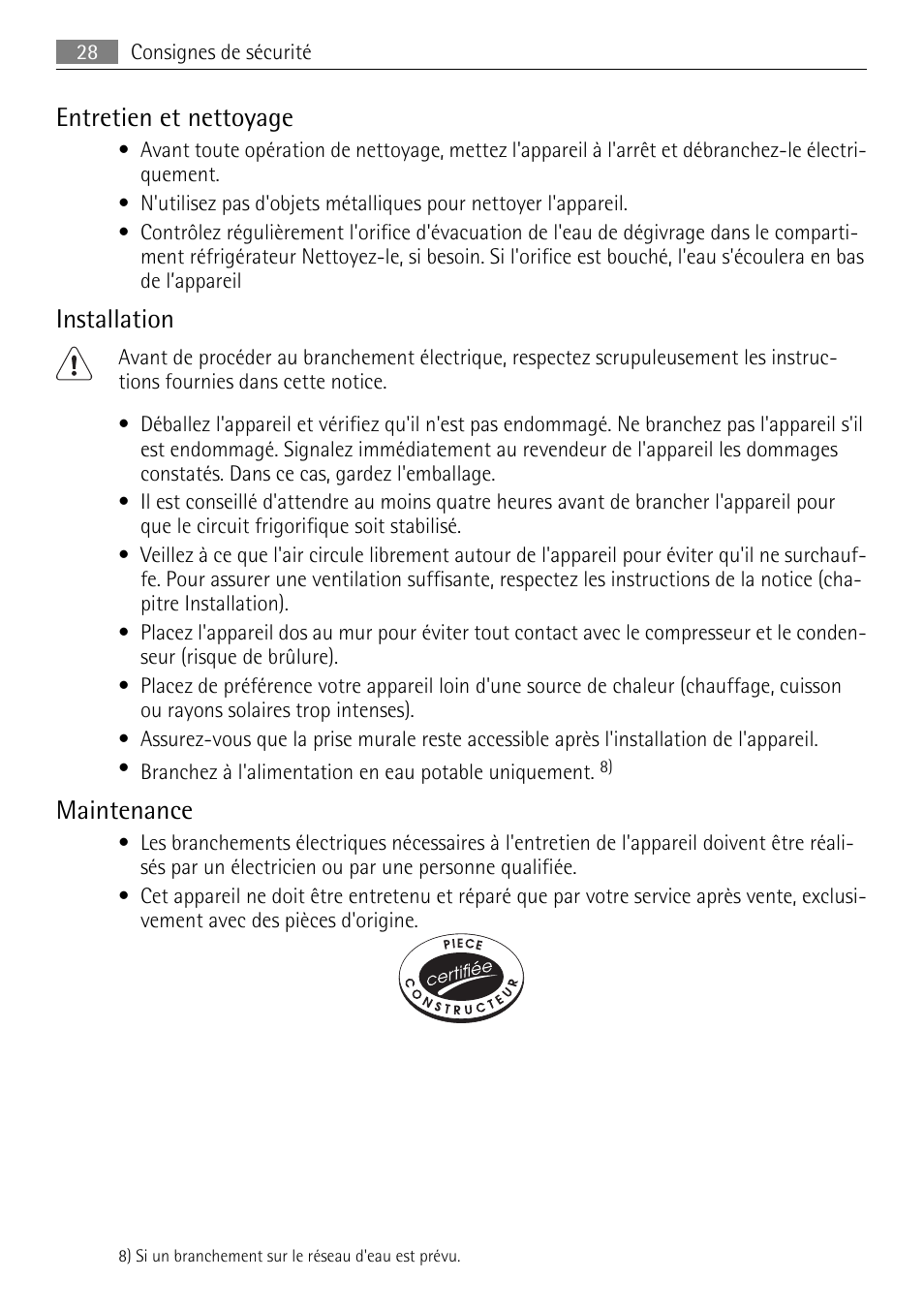 Entretien et nettoyage, Installation, Maintenance | AEG S84000KMX0 User Manual | Page 28 / 88
