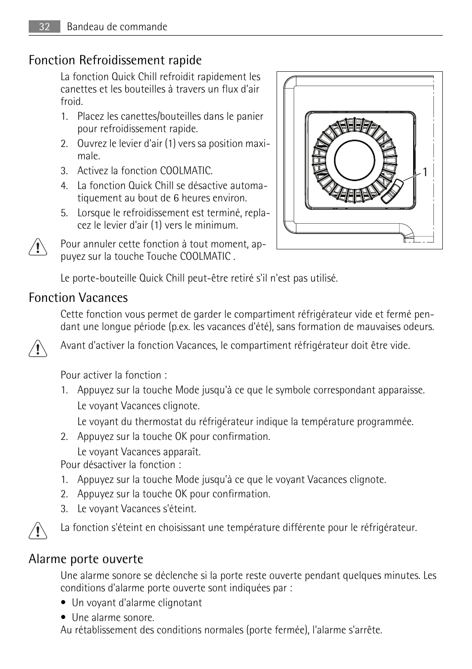Fonction refroidissement rapide, Fonction vacances, Alarme porte ouverte | AEG S84000KMX0 User Manual | Page 32 / 88