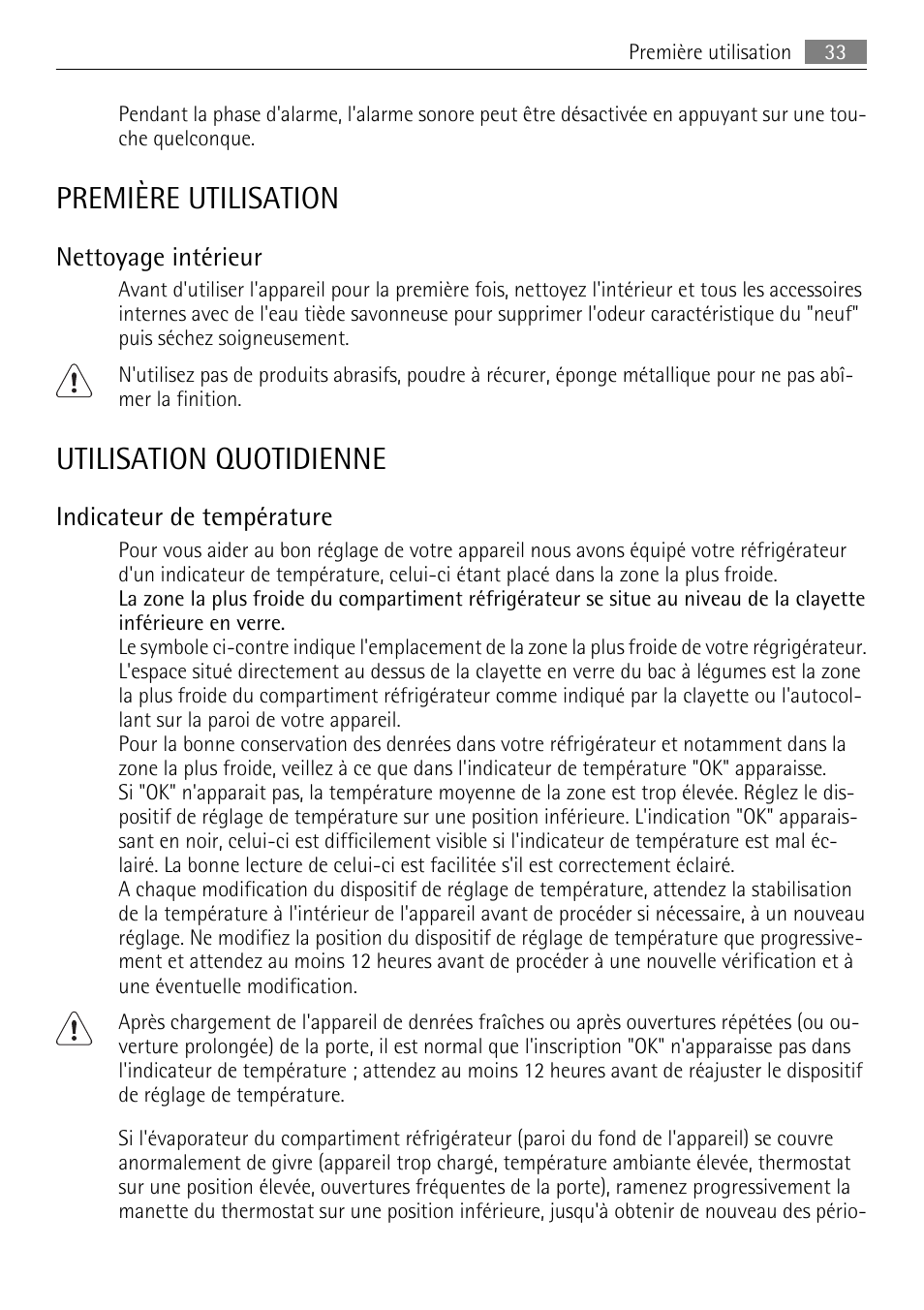 Première utilisation, Utilisation quotidienne, Nettoyage intérieur | Indicateur de température | AEG S84000KMX0 User Manual | Page 33 / 88