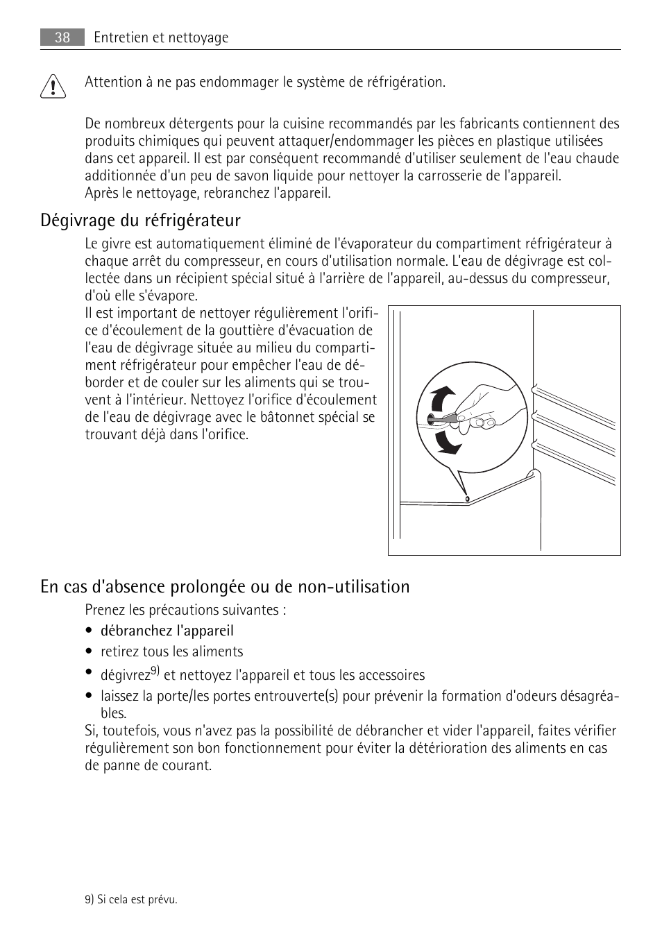 Dégivrage du réfrigérateur, En cas d'absence prolongée ou de non-utilisation | AEG S84000KMX0 User Manual | Page 38 / 88
