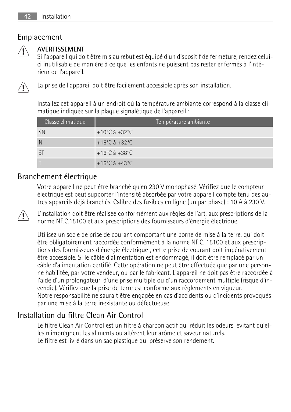 Emplacement, Branchement électrique, Installation du filtre clean air control | AEG S84000KMX0 User Manual | Page 42 / 88
