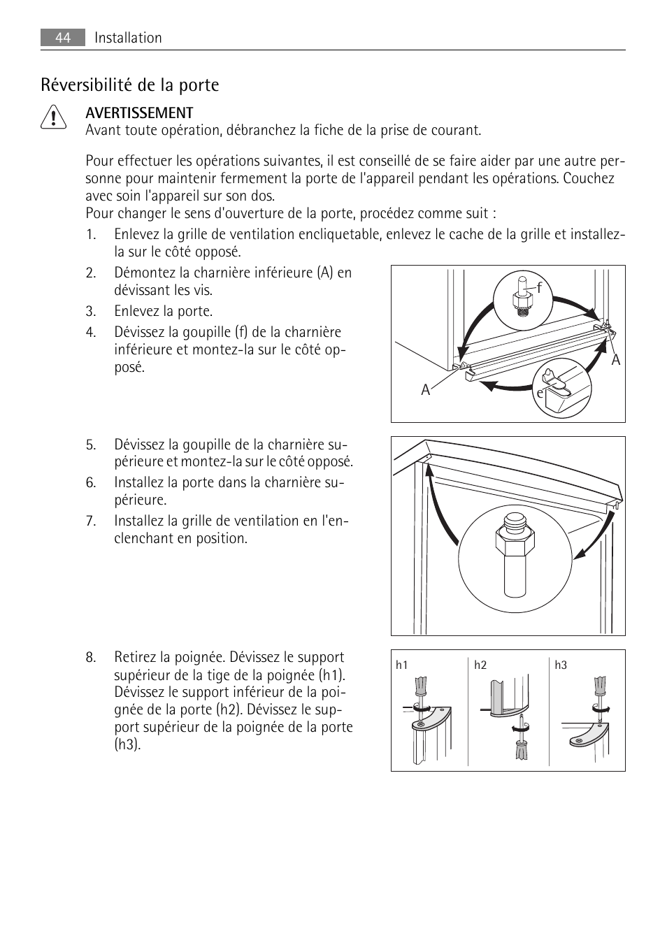 Réversibilité de la porte | AEG S84000KMX0 User Manual | Page 44 / 88