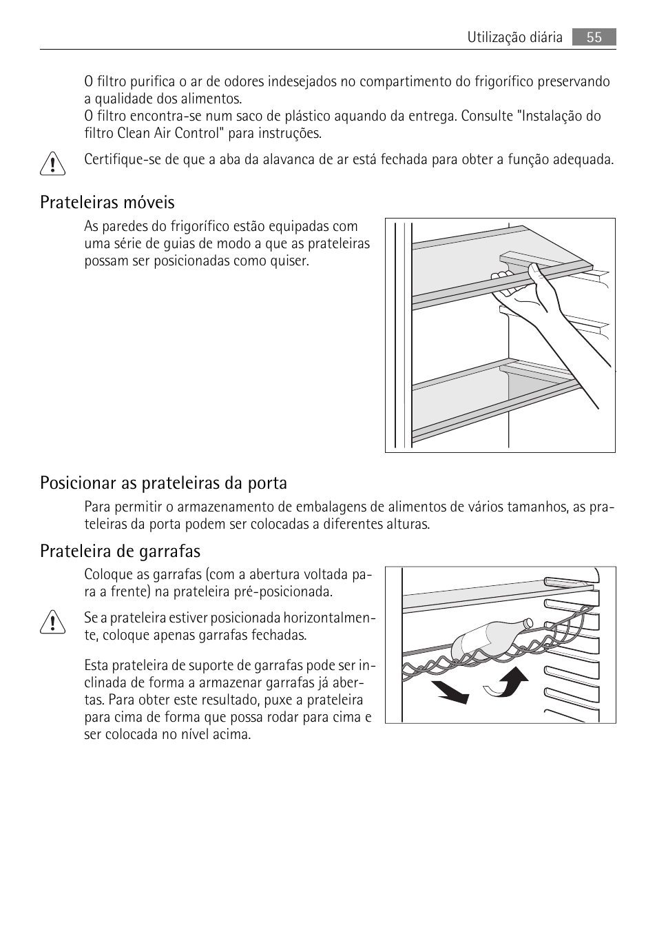 Prateleiras móveis, Posicionar as prateleiras da porta, Prateleira de garrafas | AEG S84000KMX0 User Manual | Page 55 / 88