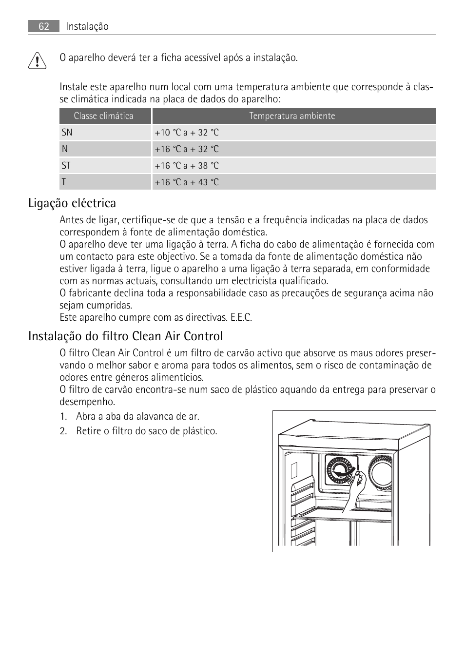 Ligação eléctrica, Instalação do filtro clean air control | AEG S84000KMX0 User Manual | Page 62 / 88