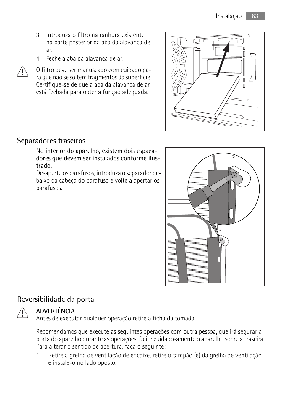 Separadores traseiros, Reversibilidade da porta | AEG S84000KMX0 User Manual | Page 63 / 88