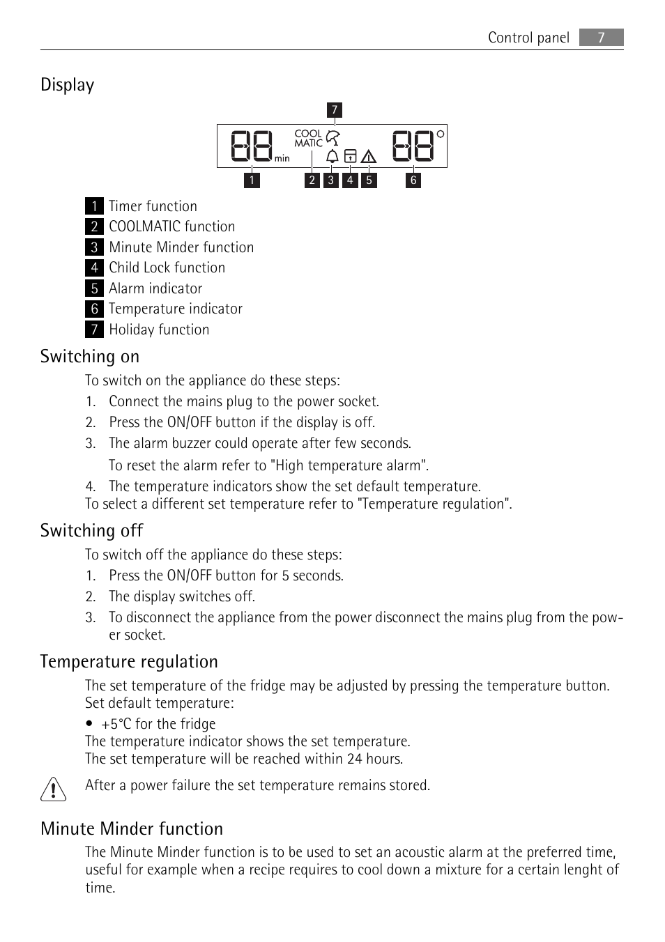 Display, Switching on, Switching off | Temperature regulation, Minute minder function | AEG S84000KMX0 User Manual | Page 7 / 88