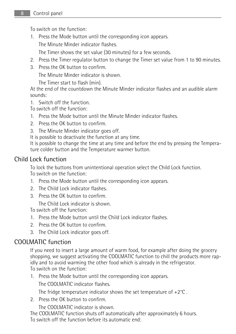 Child lock function, Coolmatic function | AEG S84000KMX0 User Manual | Page 8 / 88