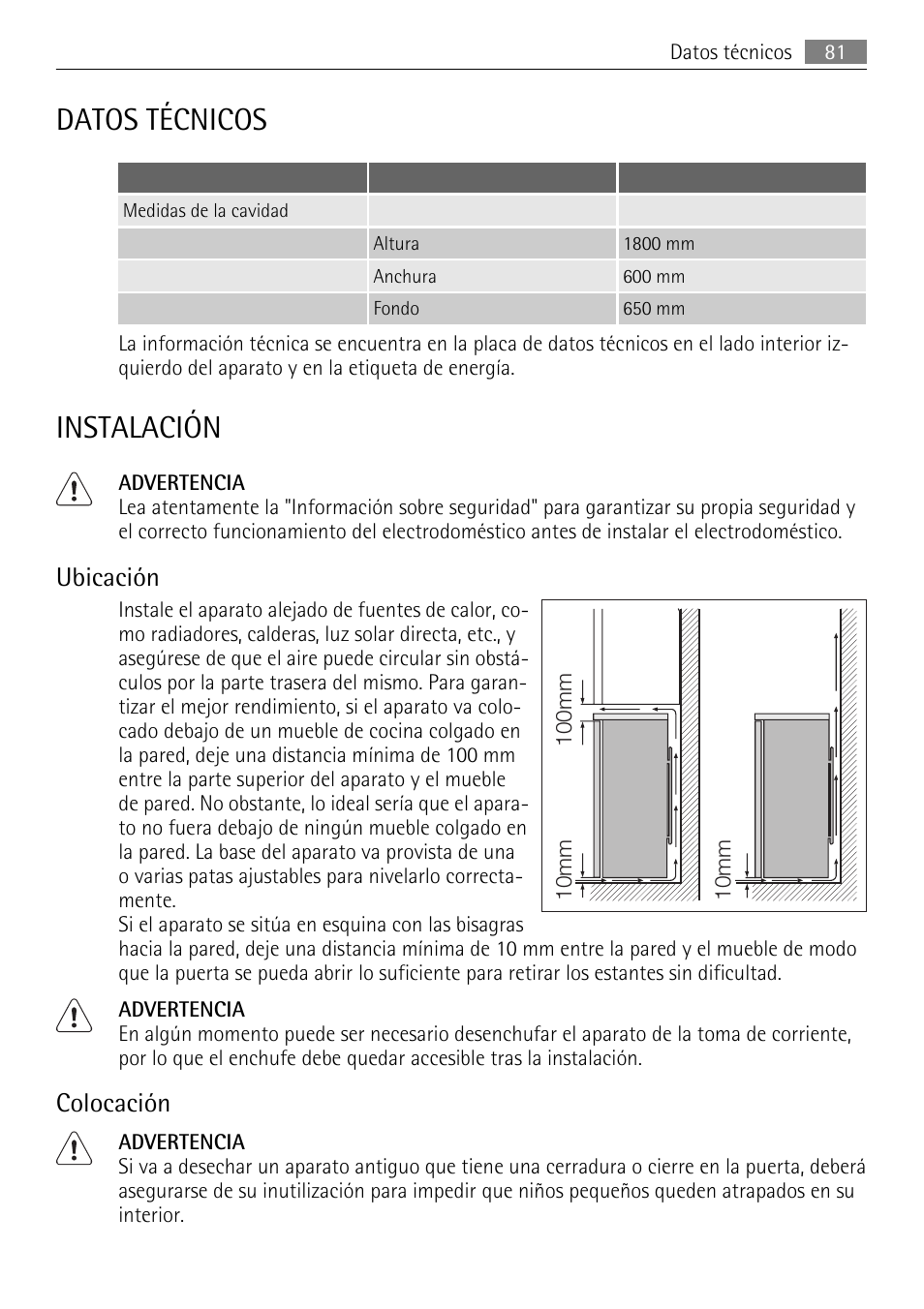 Datos técnicos, Instalación, Ubicación | Colocación | AEG S84000KMX0 User Manual | Page 81 / 88