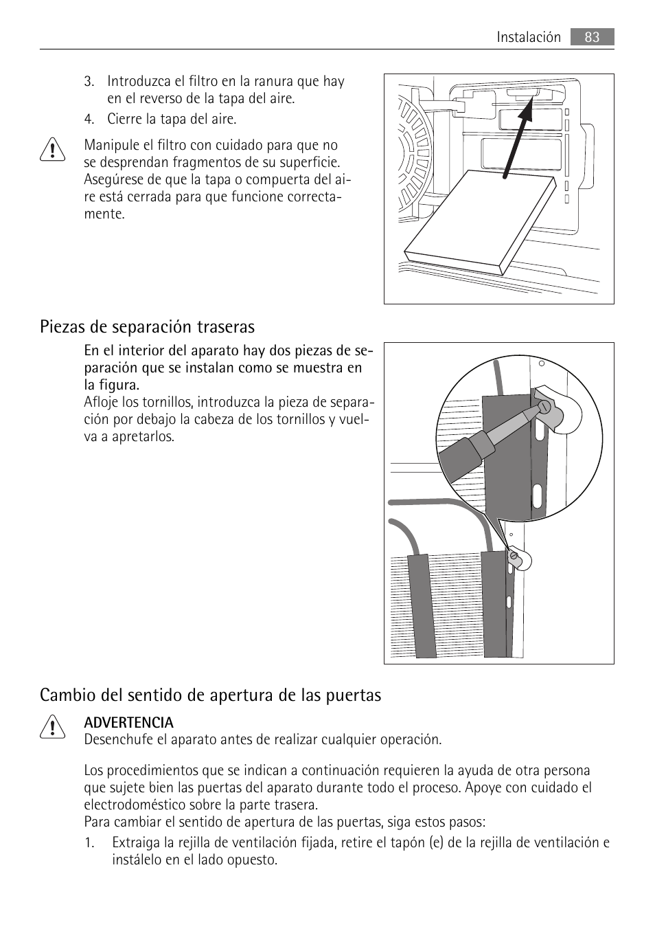 Piezas de separación traseras, Cambio del sentido de apertura de las puertas | AEG S84000KMX0 User Manual | Page 83 / 88