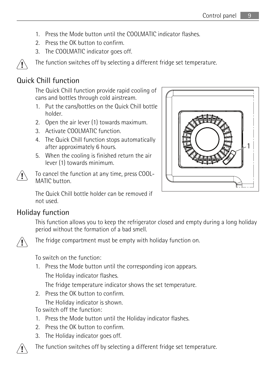 Quick chill function, Holiday function | AEG S84000KMX0 User Manual | Page 9 / 88