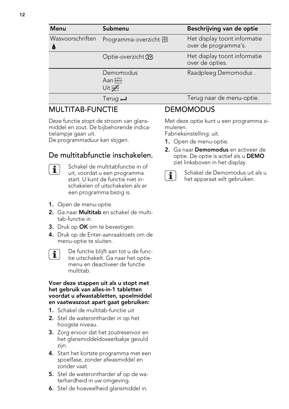 Multitab-functie, De multitabfunctie inschakelen, Demomodus | AEG F65042W0P User Manual | Page 12 / 96
