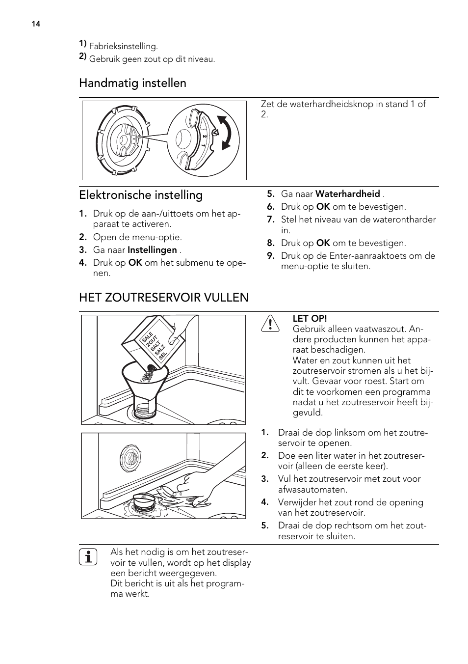 Handmatig instellen, Elektronische instelling, Het zoutreservoir vullen | AEG F65042W0P User Manual | Page 14 / 96