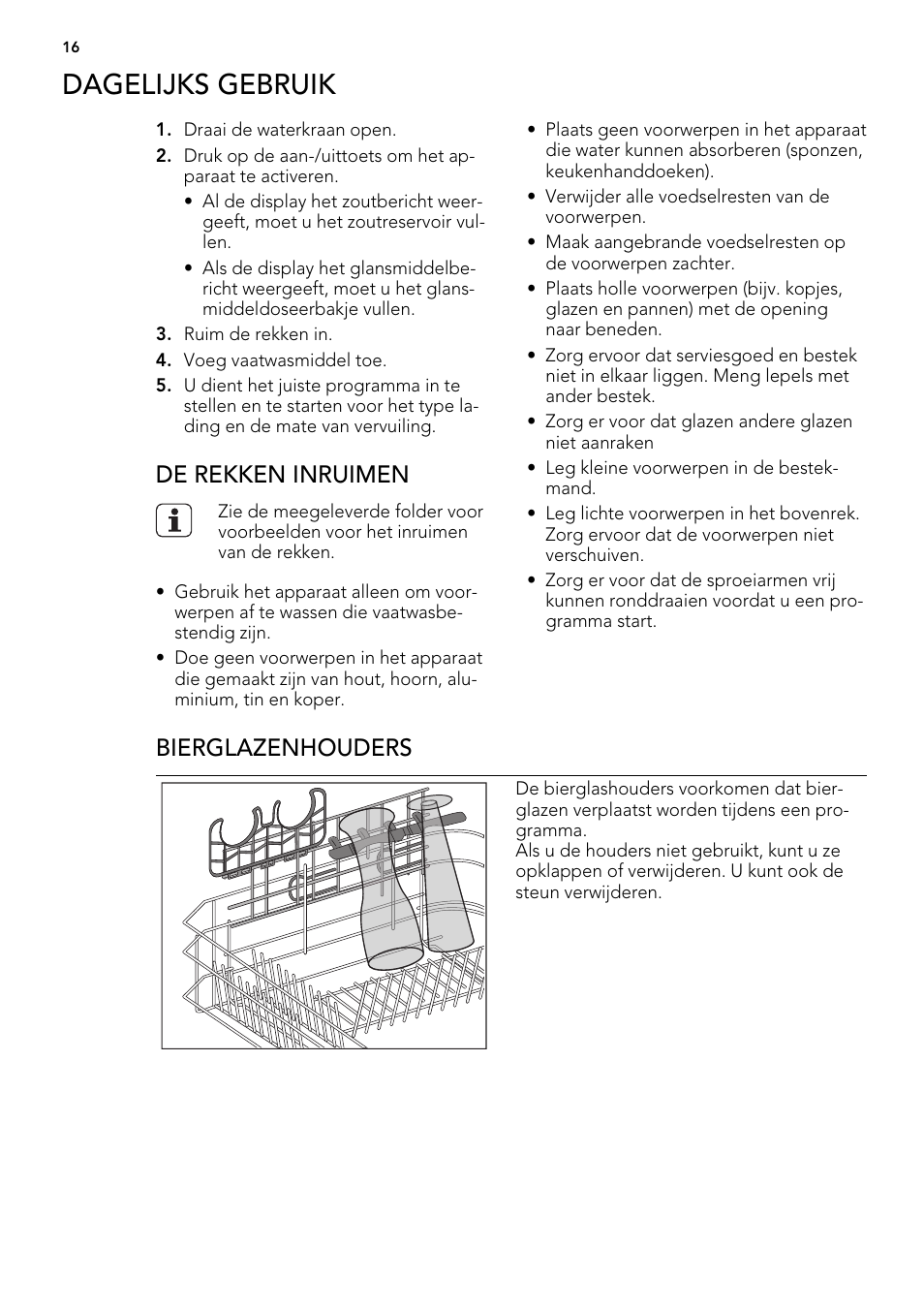 Dagelijks gebruik, De rekken inruimen, Bierglazenhouders | AEG F65042W0P User Manual | Page 16 / 96