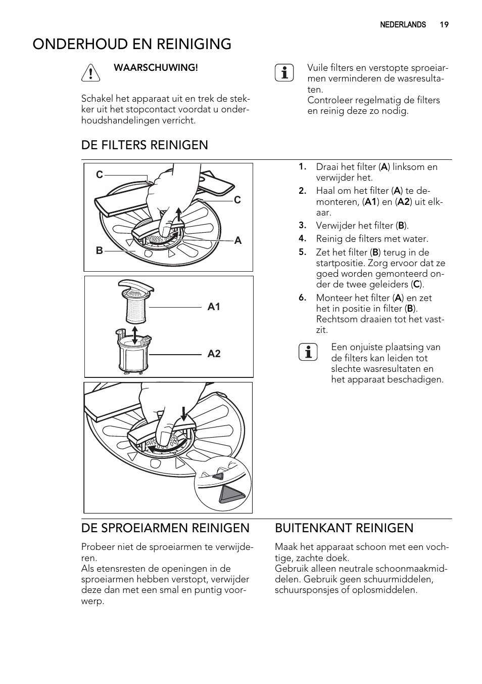 Onderhoud en reiniging, De filters reinigen, De sproeiarmen reinigen | Buitenkant reinigen | AEG F65042W0P User Manual | Page 19 / 96