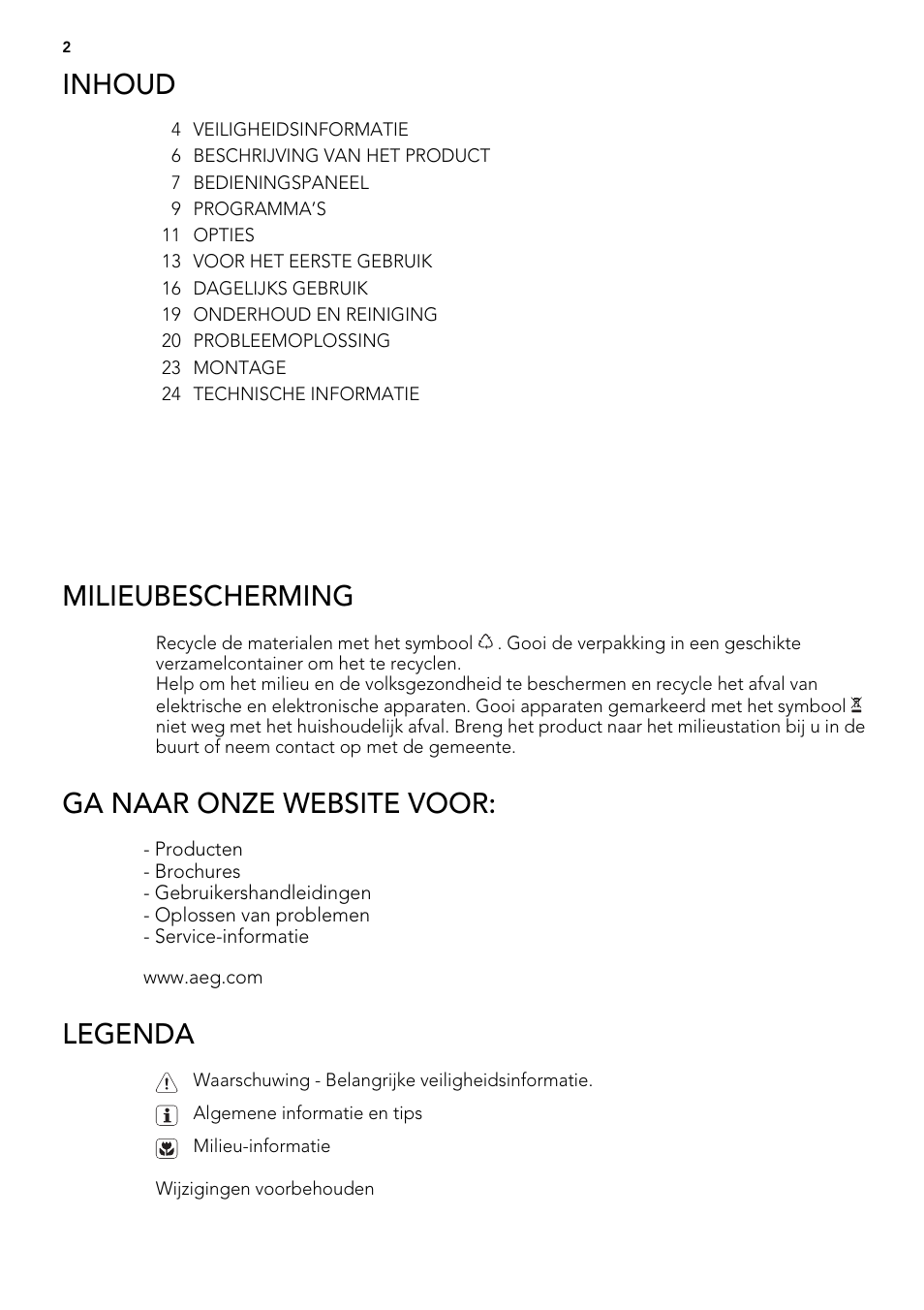 Inhoud, Milieubescherming, Ga naar onze website voor | Legenda | AEG F65042W0P User Manual | Page 2 / 96