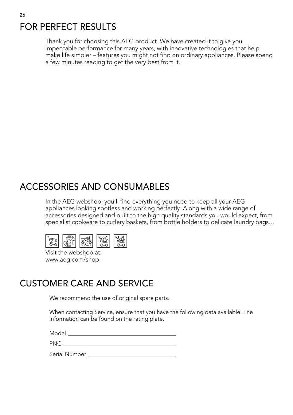 For perfect results, Accessories and consumables, Customer care and service | AEG F65042W0P User Manual | Page 26 / 96