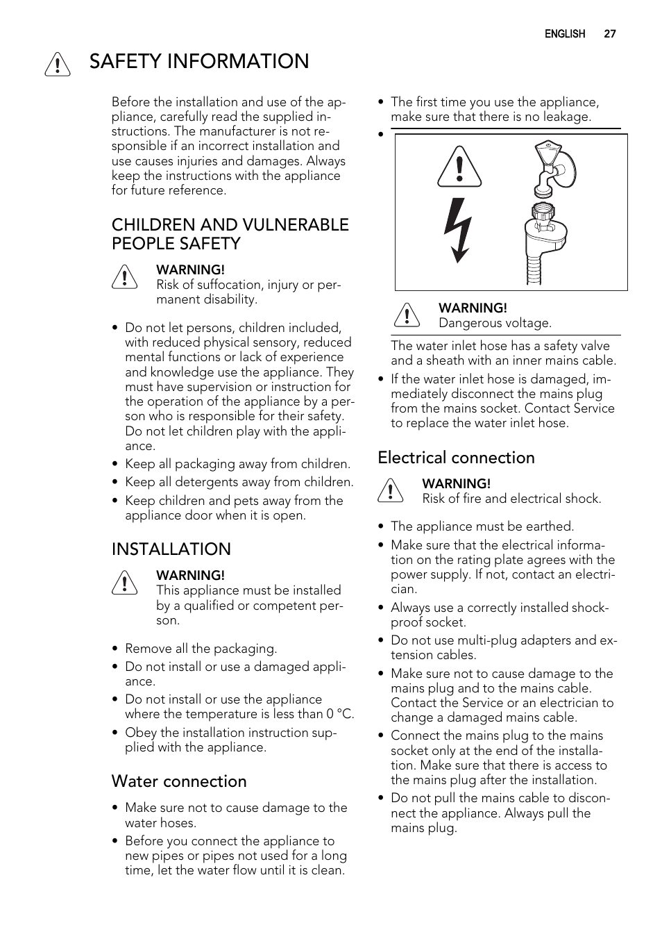 Safety information, Children and vulnerable people safety, Installation | Water connection, Electrical connection | AEG F65042W0P User Manual | Page 27 / 96