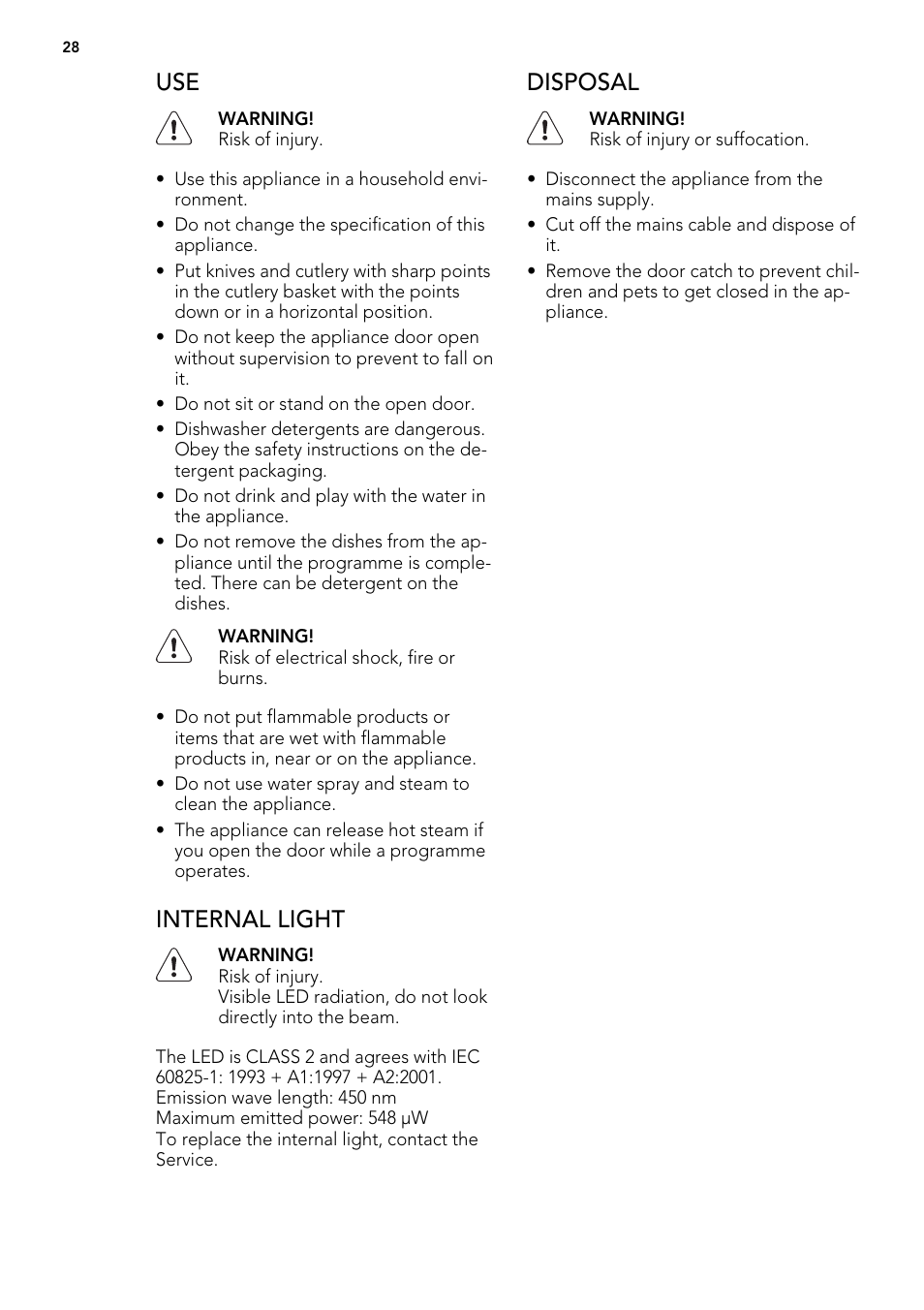 Internal light, Disposal | AEG F65042W0P User Manual | Page 28 / 96
