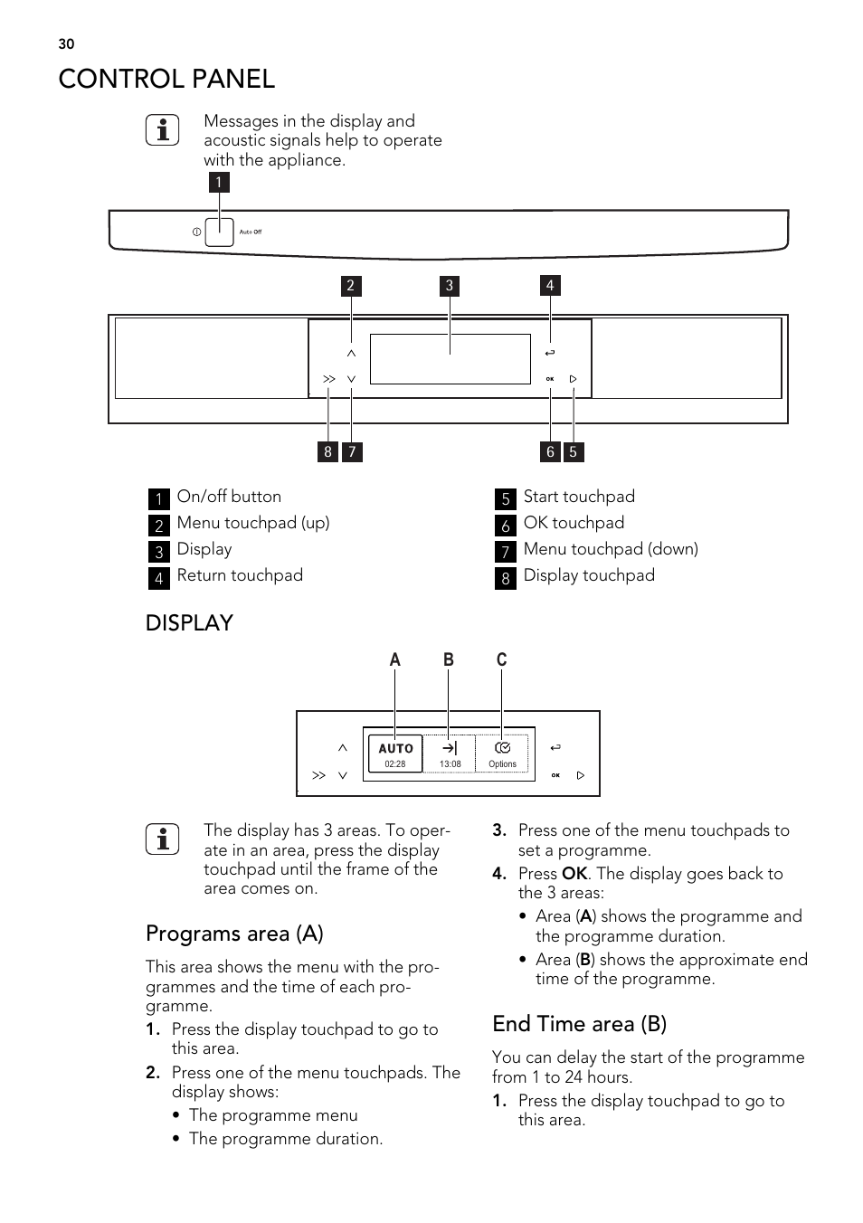 Control panel, Display, Programs area (a) | End time area (b) | AEG F65042W0P User Manual | Page 30 / 96