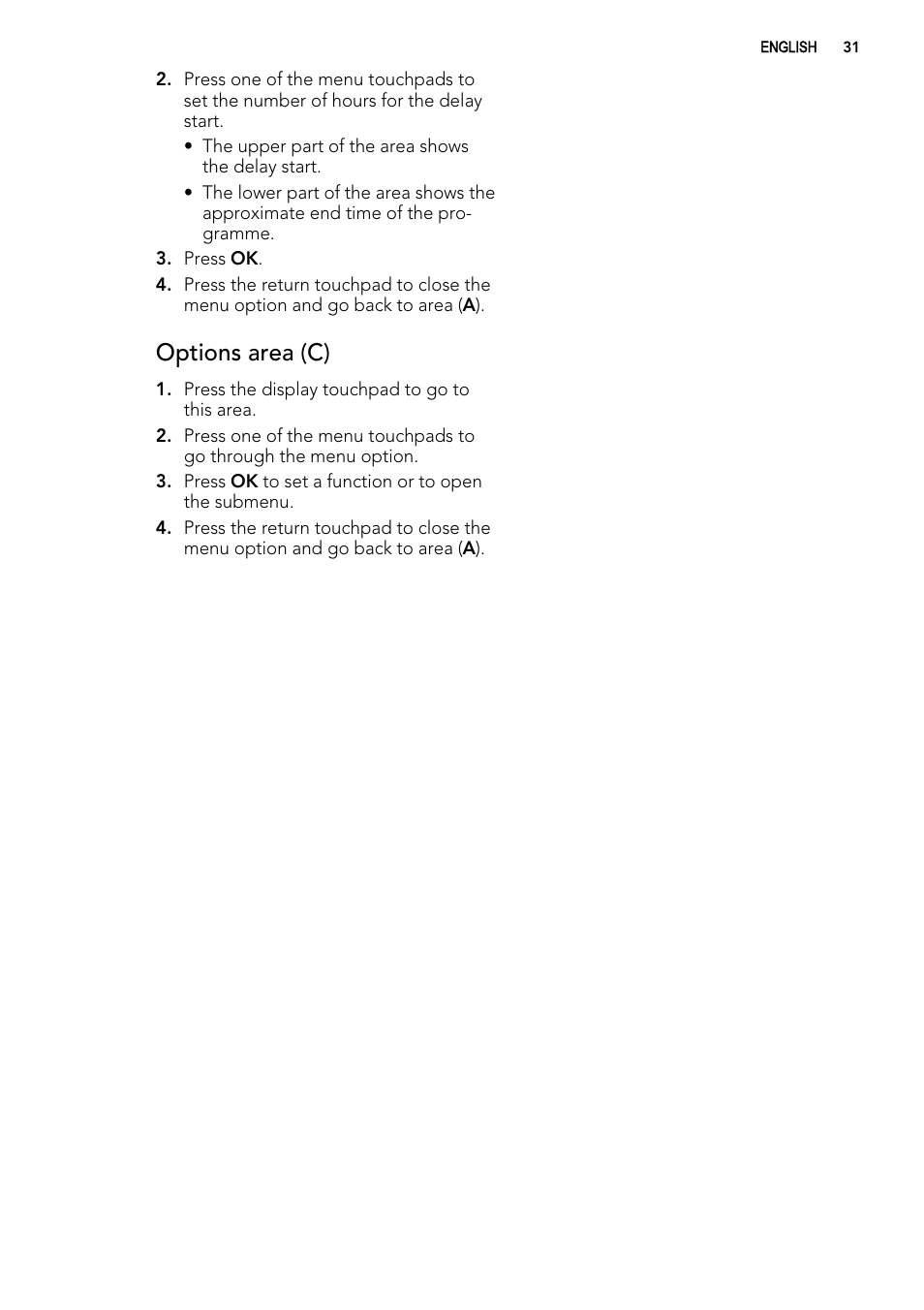 Options area (c) | AEG F65042W0P User Manual | Page 31 / 96