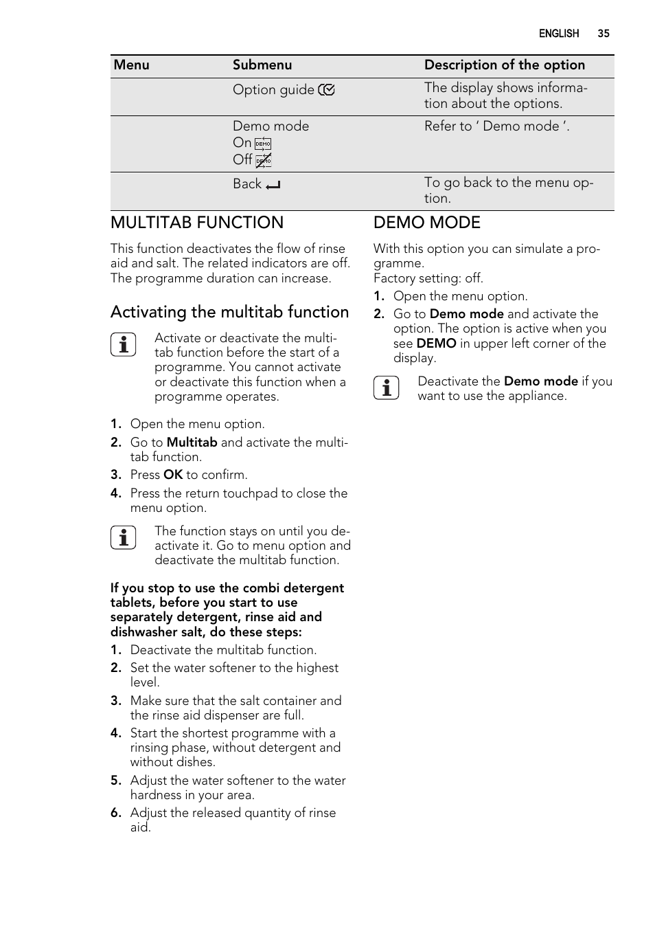 Multitab function, Activating the multitab function, Demo mode | AEG F65042W0P User Manual | Page 35 / 96