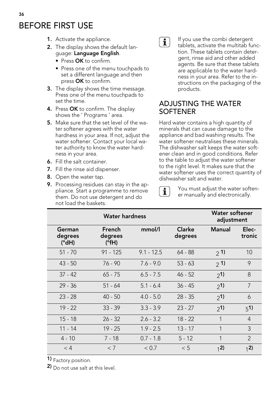Before first use, Adjusting the water softener | AEG F65042W0P User Manual | Page 36 / 96