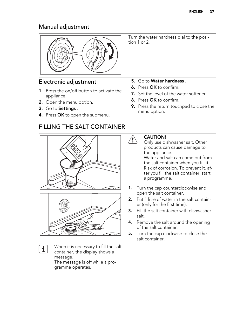 Manual adjustment, Electronic adjustment, Filling the salt container | AEG F65042W0P User Manual | Page 37 / 96