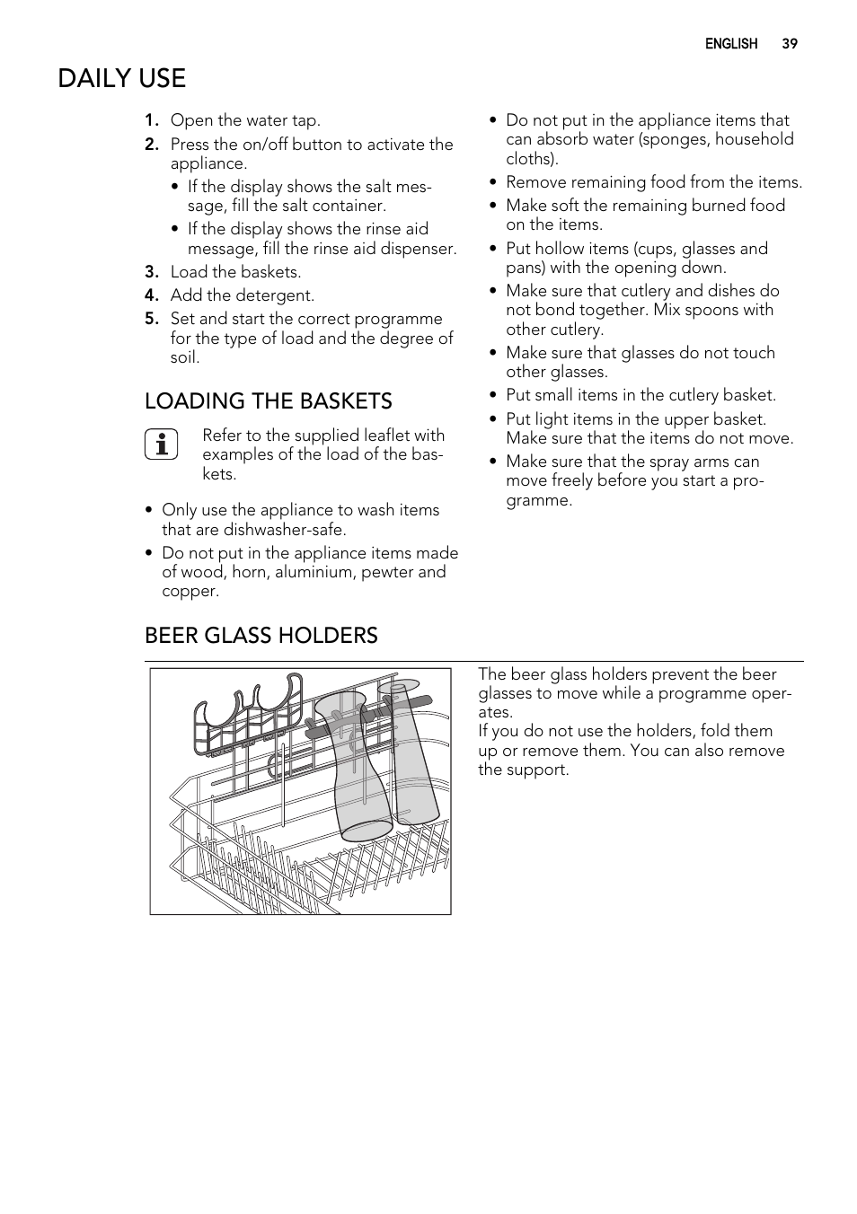 Daily use, Loading the baskets, Beer glass holders | AEG F65042W0P User Manual | Page 39 / 96