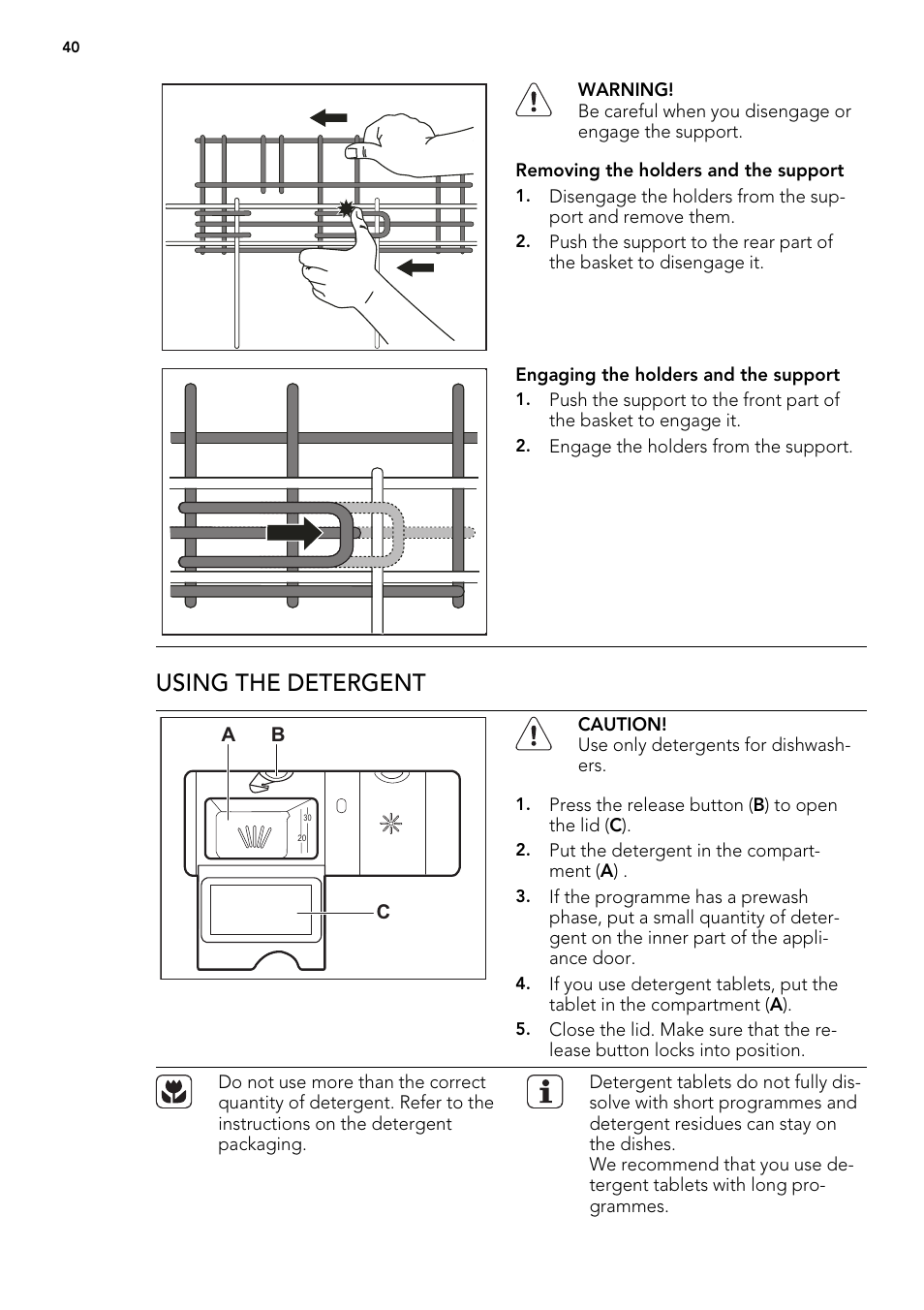 Using the detergent, Ab c | AEG F65042W0P User Manual | Page 40 / 96