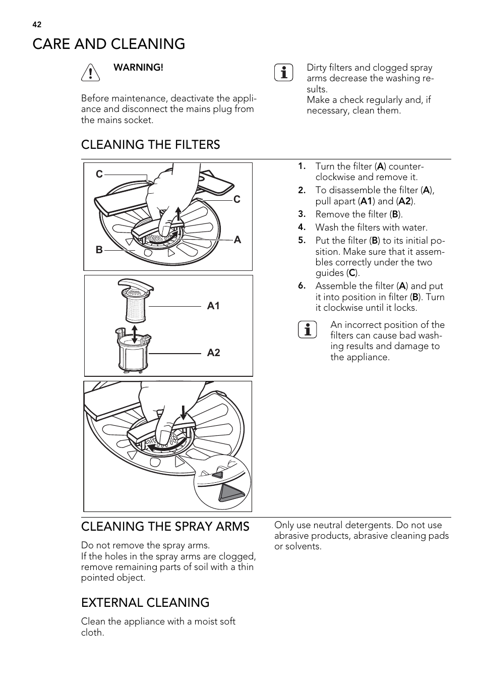 Care and cleaning, Cleaning the filters, Cleaning the spray arms | External cleaning | AEG F65042W0P User Manual | Page 42 / 96