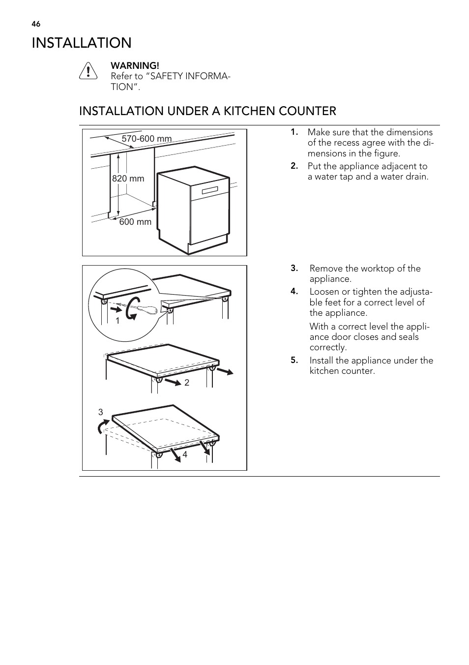 Installation, Installation under a kitchen counter | AEG F65042W0P User Manual | Page 46 / 96