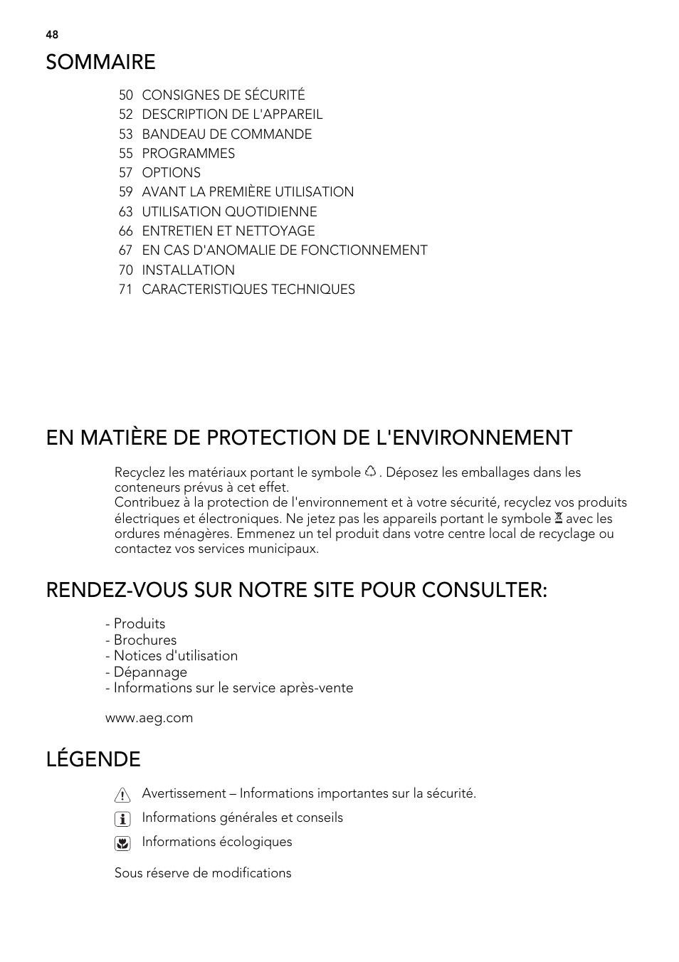 Sommaire, En matière de protection de l'environnement, Rendez-vous sur notre site pour consulter | Légende | AEG F65042W0P User Manual | Page 48 / 96