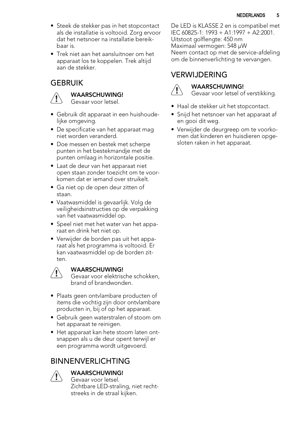 Gebruik, Binnenverlichting, Verwijdering | AEG F65042W0P User Manual | Page 5 / 96