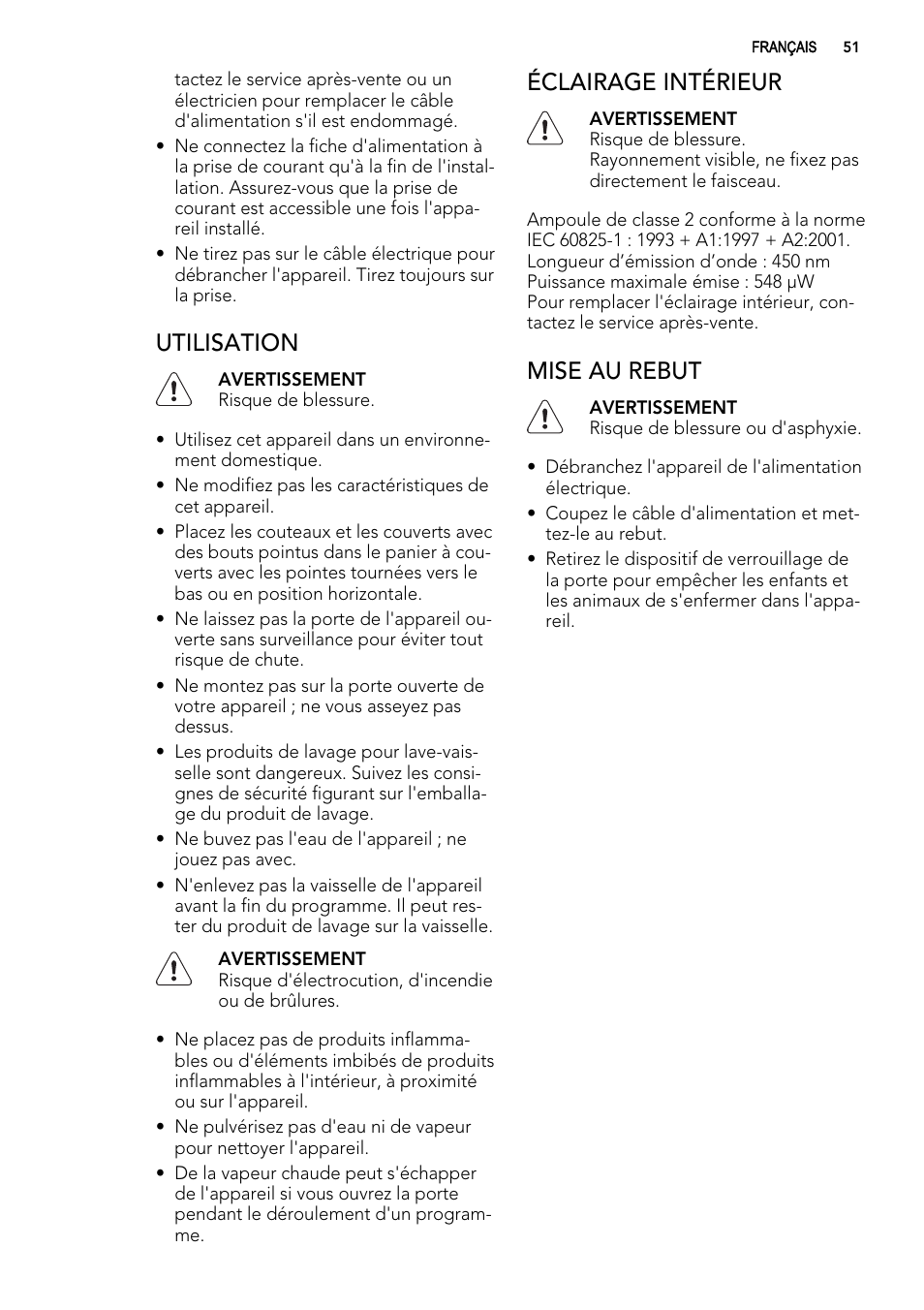 Utilisation, Éclairage intérieur, Mise au rebut | AEG F65042W0P User Manual | Page 51 / 96